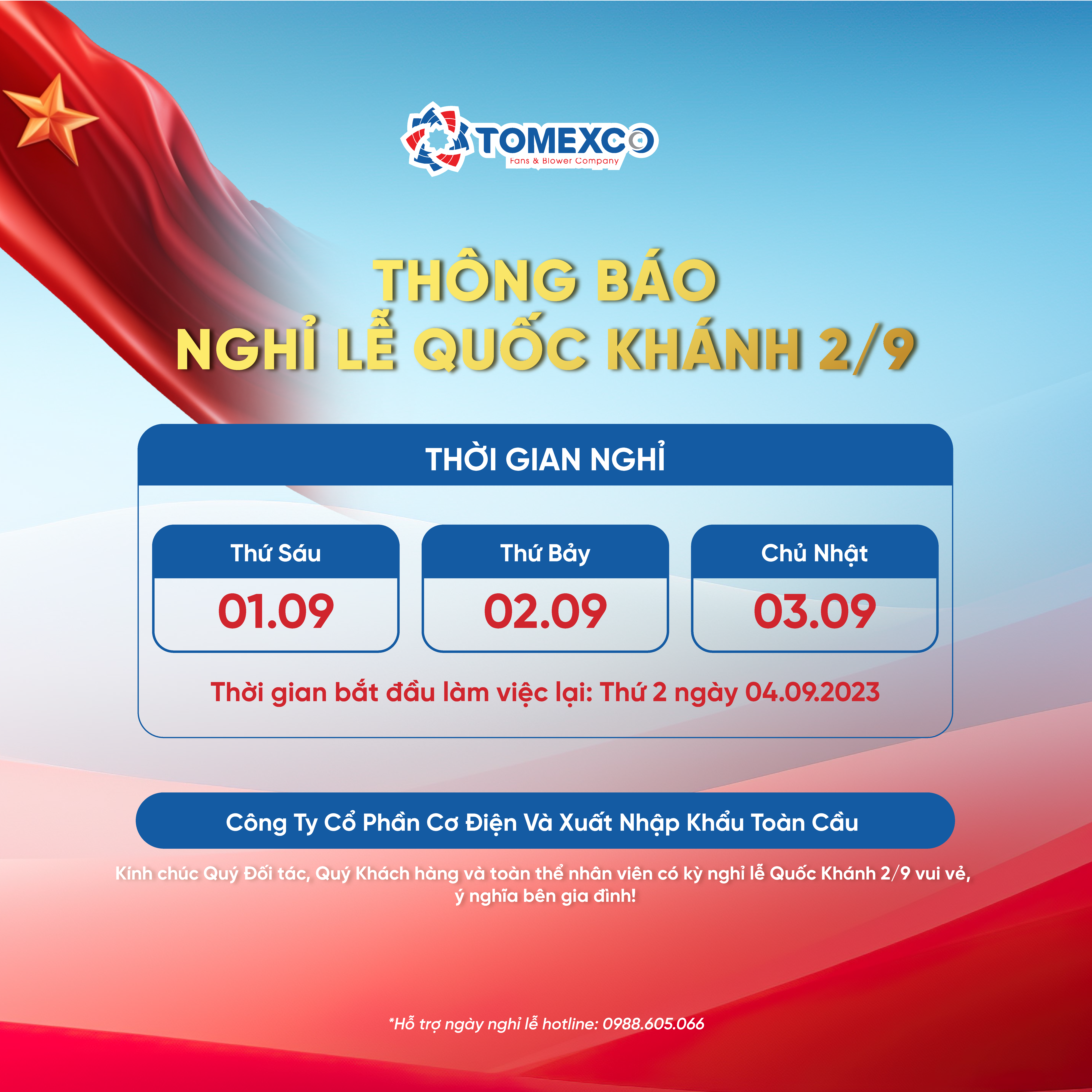 Tomexco thông báo nghỉ lễ 2/9