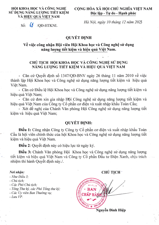 QĐ công nhận Tomexco là hội viên của Hội Khoa học và Công nghệ sử dụng năng lượng tiết kiệm và hiệu quả Việt Nam