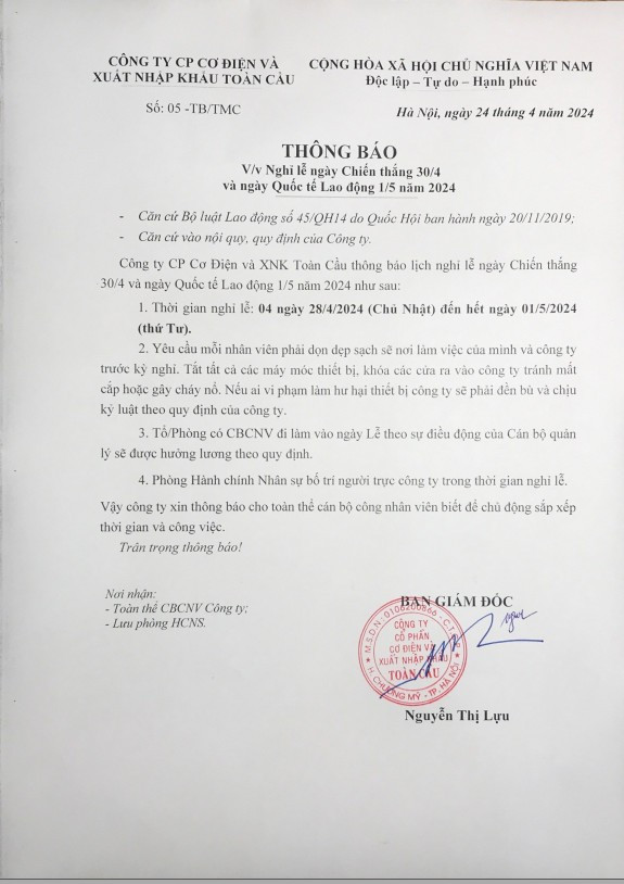 Tomexco - Thông báo lịch nghỉ lễ 30/4 và 1/5