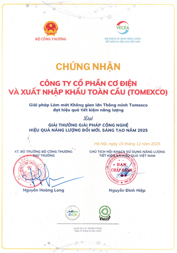 Tomexco Đạt Giải “Giải Pháp Công Nghệ Hiệu Quả Năng Lượng Đổi Mới Sáng Tạo 2025”